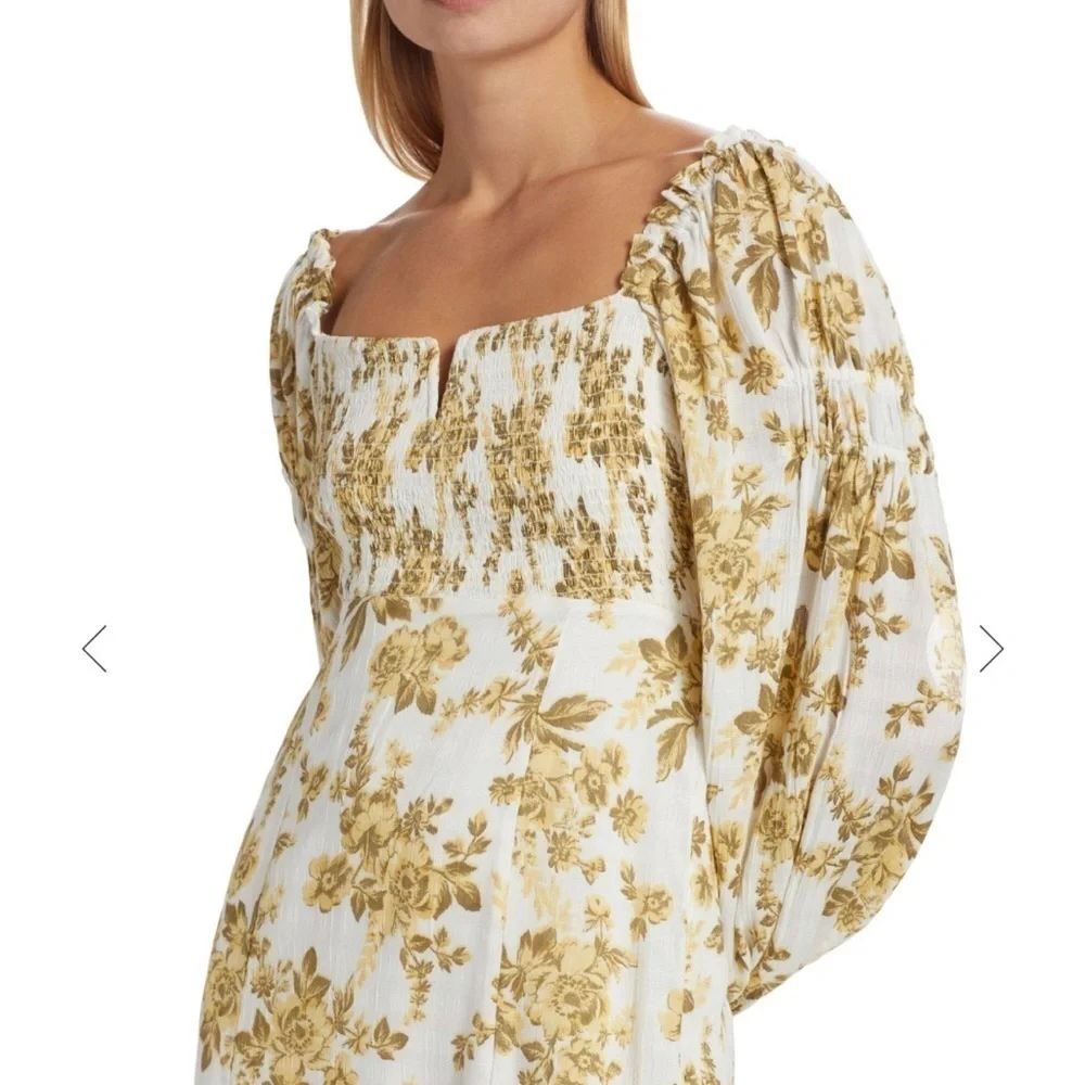 Free People Jaymes Floral Midi Dress in Pastry Cream with balloon sleeves